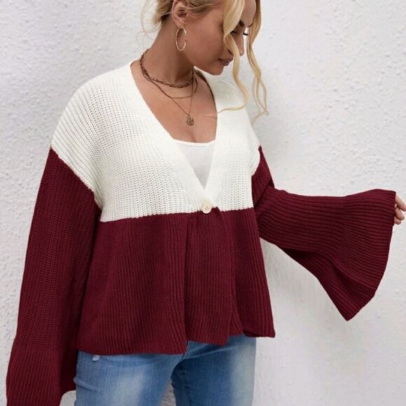 Plus Colorblock Flounce Sleeve Single Button Cardigan - Picture 4 of 6